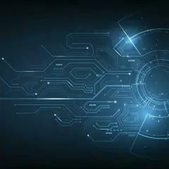 Niebieski, futurystyczny obwód drukowany z okrągłym elementem na prawym końcu.