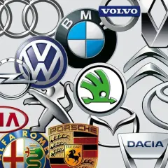 Kolaż logo znanych marek samochodów: Audi, BMW, Volvo, Renault, Fiat, Citroen, Toyota, Dacia, Mazda, Peugeot, Skoda, Volkswagen, Opel, Honda, Nissan, Kia, Alfa Romeo, Porsche.
