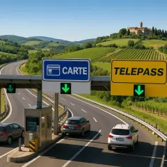 Bramki autostradowe we Włoszech z tablicami "CARTE" i "TELEPASS" oraz zielonymi strzałkami.