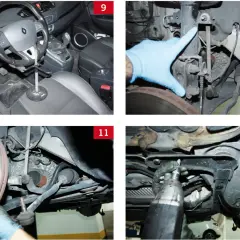 Wnętrze Renault Scenic, ręka w rękawiczce wskazująca amortyzator, hamulec i skrzynia biegów, klucz pneumatyczny.