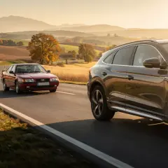 Nowoczesny SUV i klasyczny czerwony samochód jadą drogą wśród jesiennych krajobrazów.