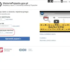 Formularz do wpisania numeru rejestracyjnego, VIN i daty pierwszej rejestracji pojazdu.