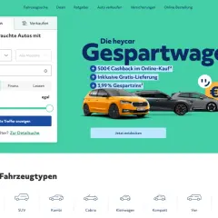 Strona główna Heycar z wyszukiwarką samochodów, ofertą "Gespartwagen" i ikonami typów pojazdów.