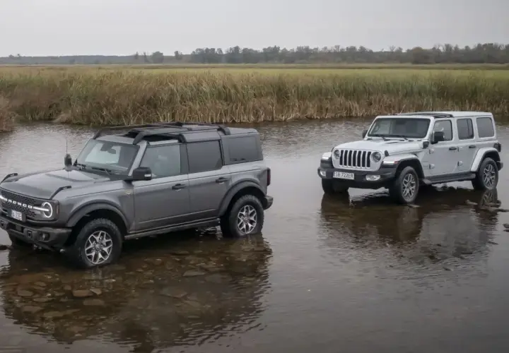 Szary Ford Bronco i biały Jeep Wrangler stoją w wodzie na tle łąki.