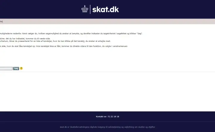Formular do wyszukiwania pojazdów na stronie skat.dk, z polami wyboru i polem do wpisania numeru rejestracyjnego.