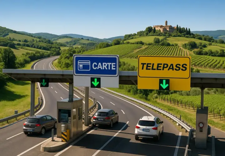 Bramki autostradowe we Włoszech z tablicami "CARTE" i "TELEPASS" oraz zielonymi strzałkami.