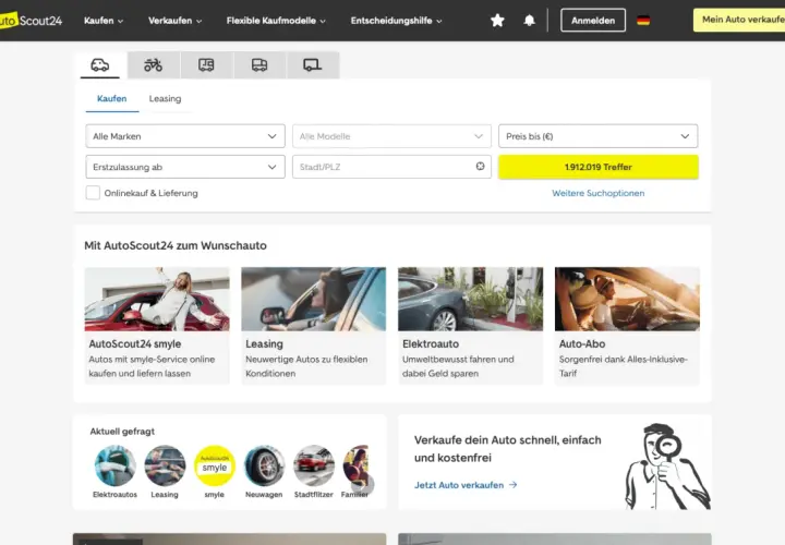 Strona AutoScout24 z formularzem wyszukiwania samochodów i sekcją "Mit AutoScout24 zum Wunschauto".