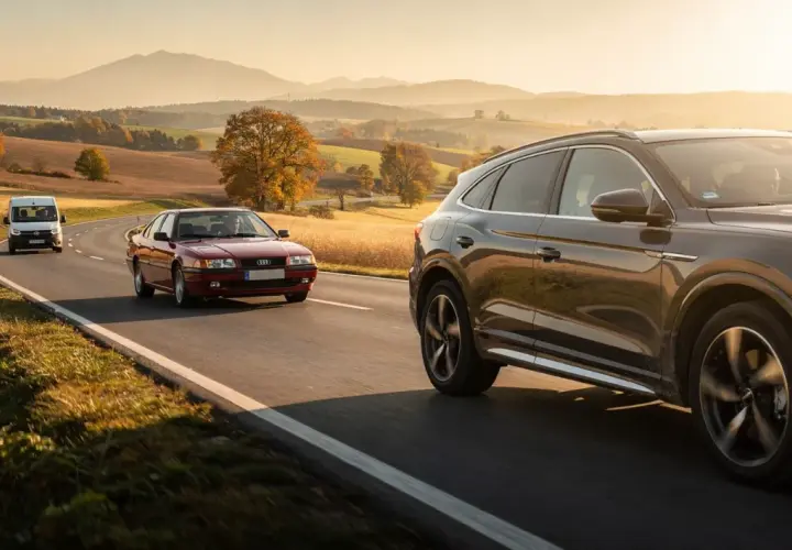 Nowoczesny SUV i klasyczny czerwony samochód jadą drogą wśród jesiennych krajobrazów.