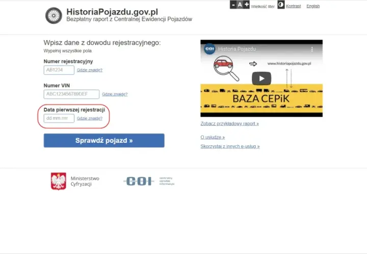 Formularz do wpisania numeru rejestracyjnego, VIN i daty pierwszej rejestracji pojazdu.