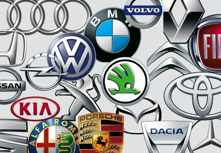 Kolaż logotypów znanych marek samochodowych: Audi, BMW, Volvo, Renault, Fiat, Citroen, Toyota, Dacia, Mazda, Skoda, Peugeot, Volkswagen, Opel, Honda, Nissan, Kia, Alfa Romeo, Porsche.