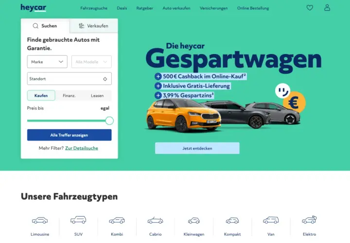 Strona główna Heycar z wyszukiwarką samochodów, ofertą "Gespartwagen" i ikonami typów pojazdów.