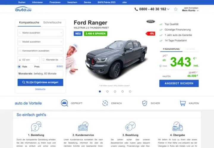 Szary Ford Ranger z napisem "NEU 2.400 € SPAREN" i ceną 343 €/miesiąc.