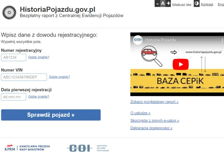 Ikona koła zębatego, pole do wpisania numeru rejestracyjnego, VIN i daty, przycisk "Sprawdź pojazd", grafika z lupą i samochodem.