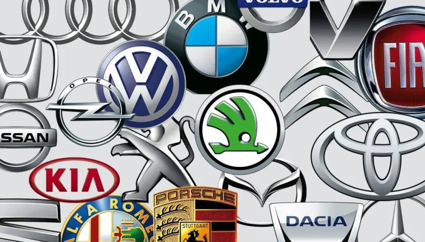 Kolaż z logo popularnych marek samochodów: Audi, BMW, Volvo, Renault, Fiat, Citroen, Toyota, Dacia, Mazda, Peugeot, Skoda, Volkswagen, Opel, Honda, Nissan, Kia, Alfa Romeo, Porsche.