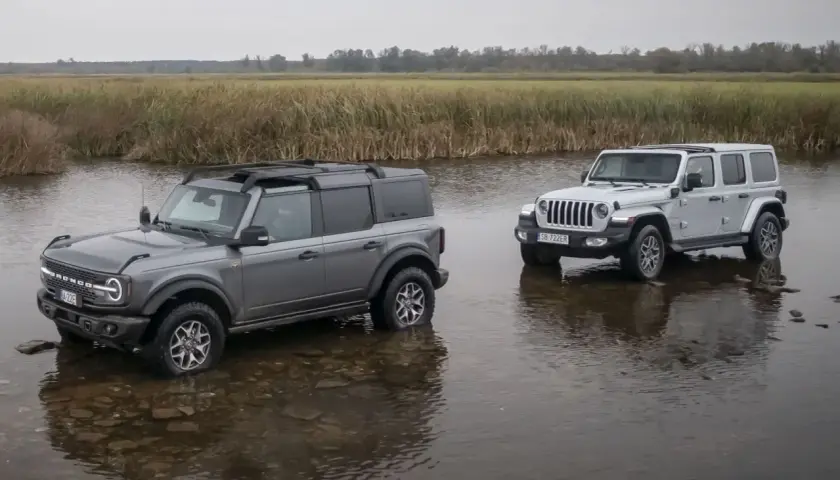 Szary Ford Bronco i biały Jeep Wrangler stoją w wodzie na tle łąki.