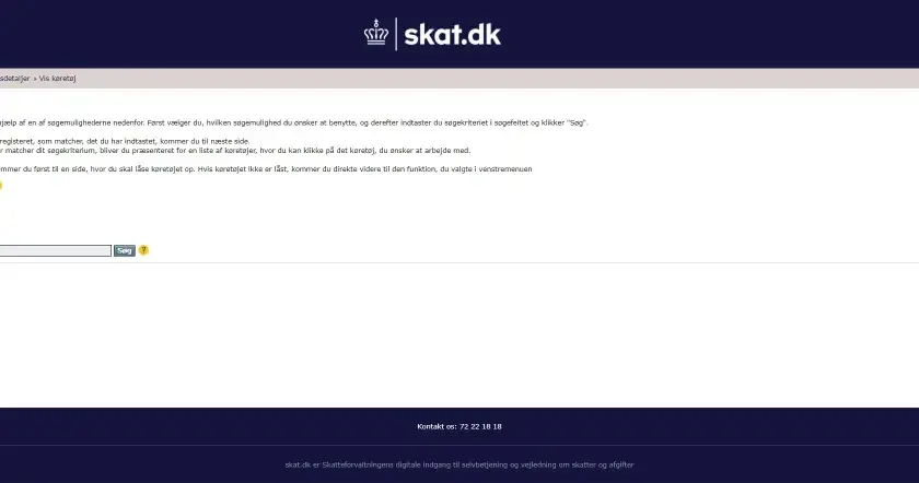 Formular do wyszukiwania pojazdów na stronie skat.dk, z polami wyboru i polem do wpisania numeru rejestracyjnego.