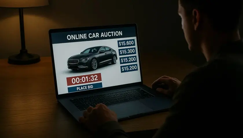 Mężczyzna licytuje samochód na aukcji online.
