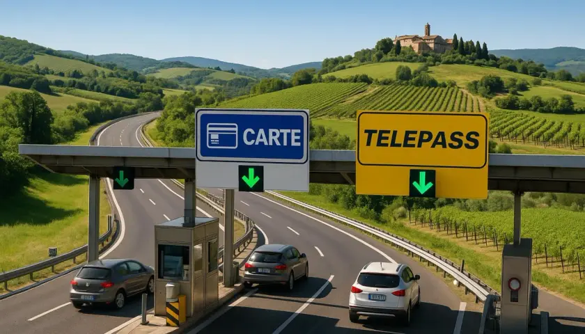Autostrada we Włoszech z bramkami opłat: znak "CARTE" i "TELEPASS" oraz zielone strzałki.