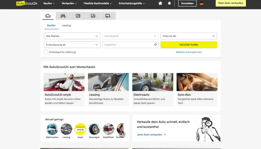 Strona AutoScout24 z formularzem wyszukiwania samochodów i sekcją "Mit AutoScout24 zum Wunschauto".