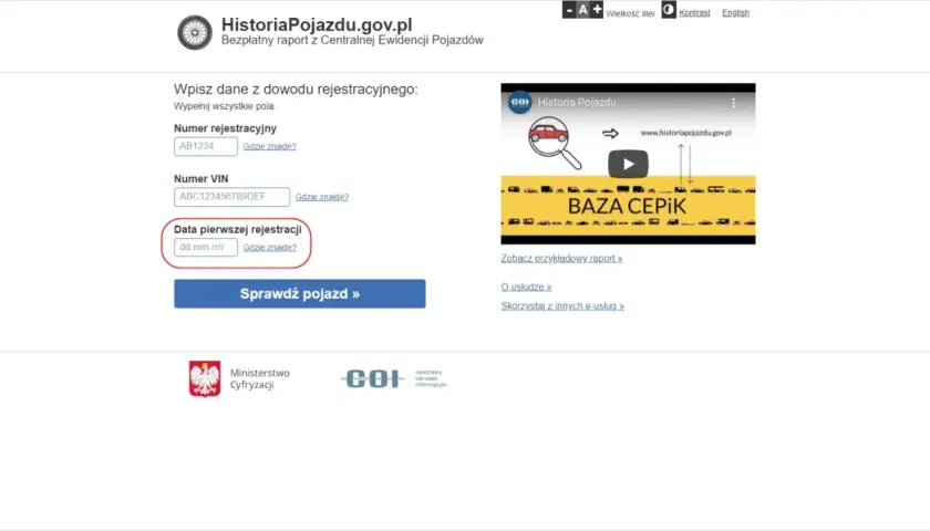 Formularz do wpisania numeru rejestracyjnego, VIN i daty pierwszej rejestracji pojazdu.