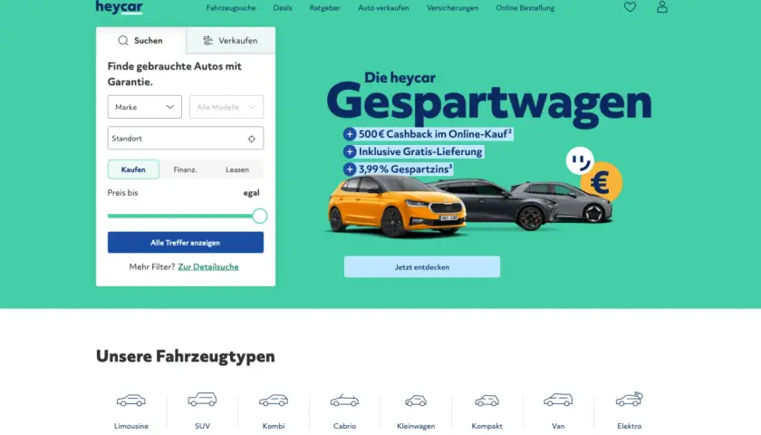 Strona główna Heycar z wyszukiwarką samochodów, ofertą "Gespartwagen" i ikonami typów pojazdów.