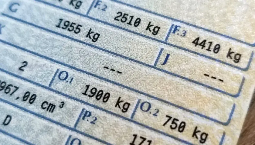 Fragment dowodu rejestracyjnego pojazdu z widocznymi rubrykami i oznaczeniami, np. F.1, F.2, F.3, G, O.1, O.2, P.2, Q.