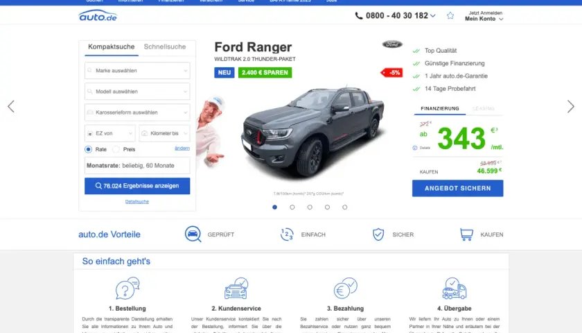 Szary Ford Ranger z napisem "NEU 2.400 € SPAREN" i ceną 343 €/miesiąc.