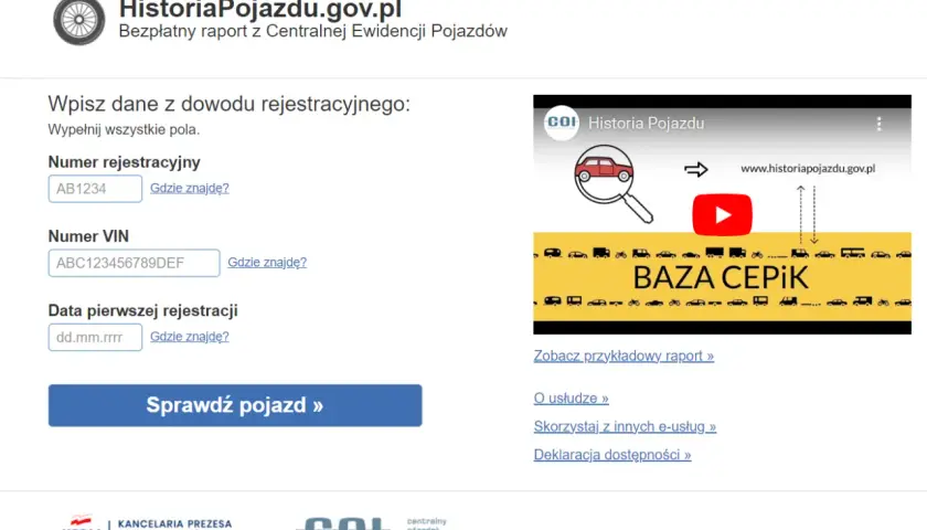 Ikona koła zębatego, pole do wpisania numeru rejestracyjnego, VIN i daty, przycisk "Sprawdź pojazd", grafika z lupą i samochodem.