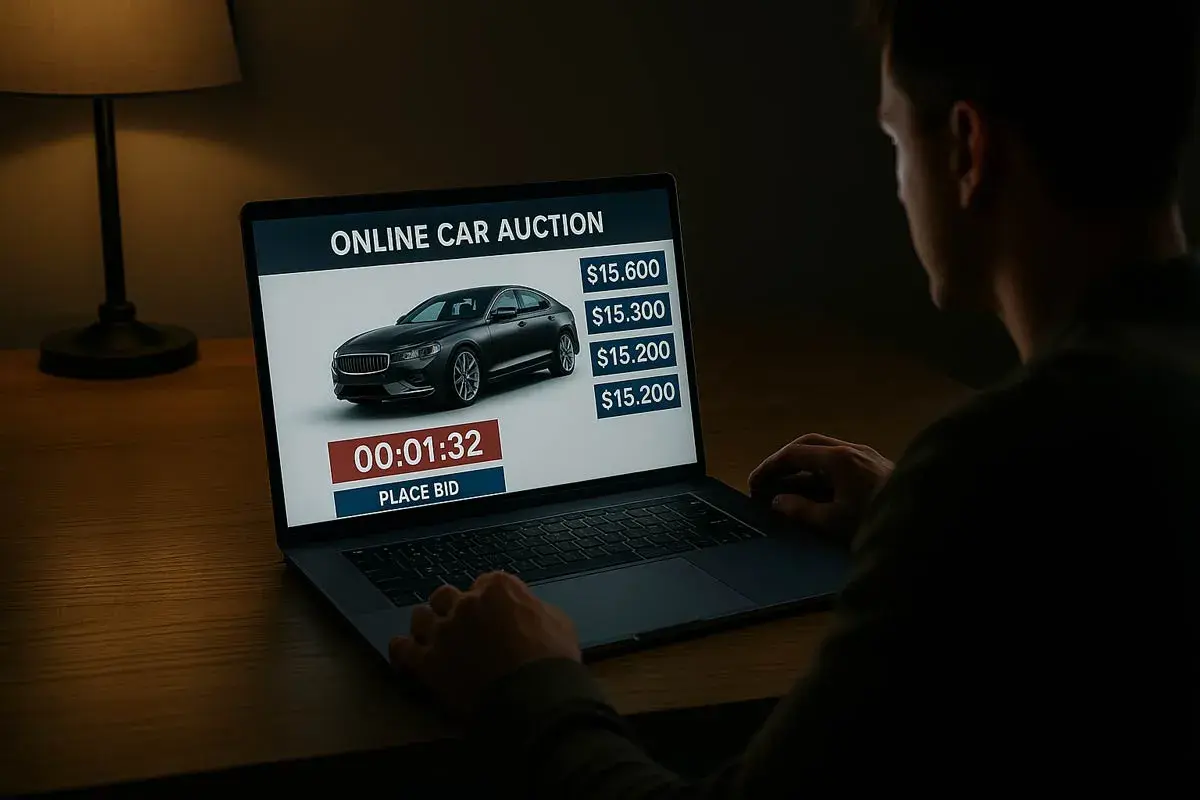 Mężczyzna licytuje samochód na aukcji online.