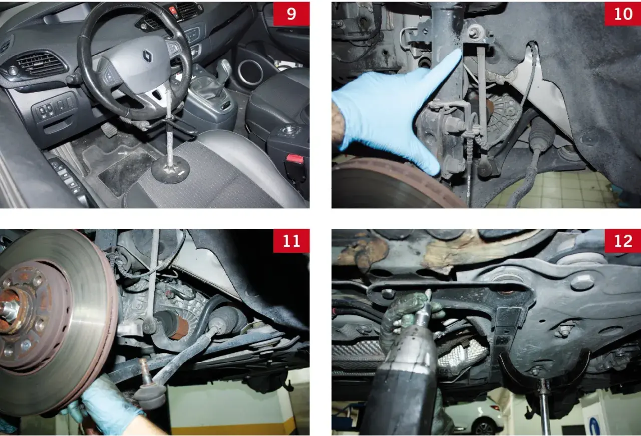 Wnętrze Renault Scenic, ręka w rękawiczce wskazująca amortyzator, hamulec i skrzynia biegów, klucz pneumatyczny.